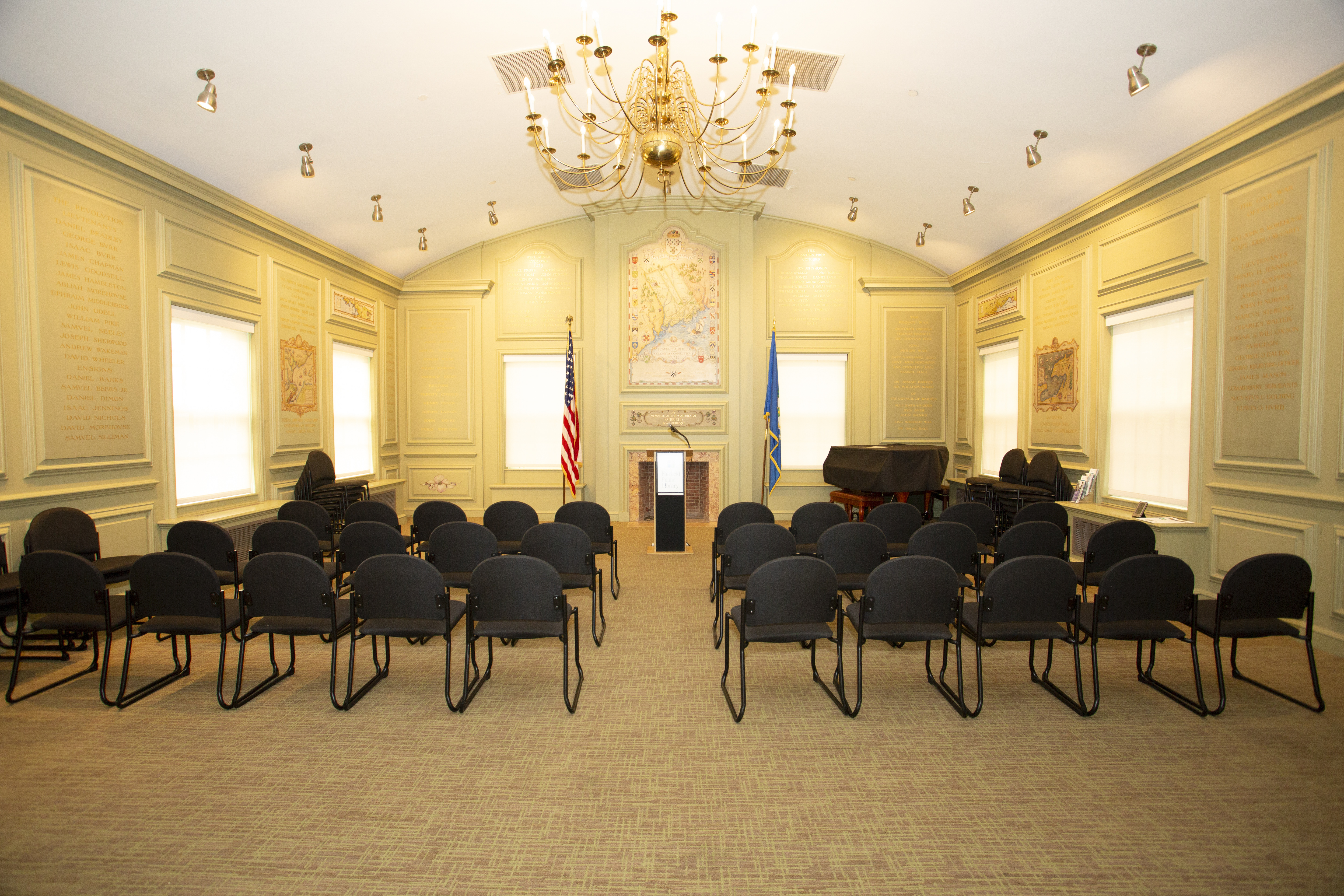 Memorial Room with chairs placed theater-style and lectern at front