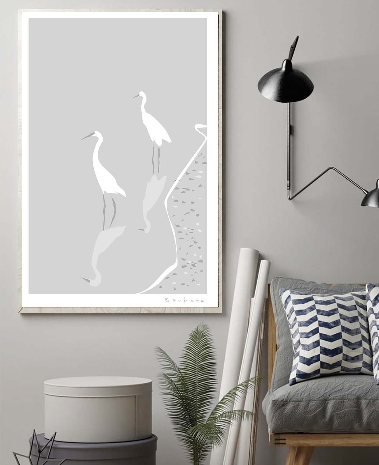 Grey and white art in grey room