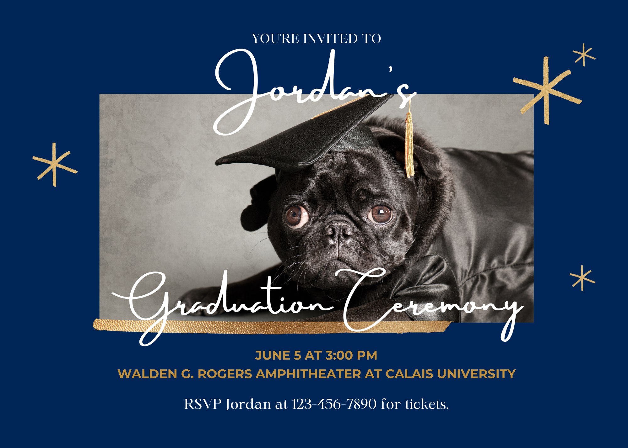 An invitation for a fake graduation party featuring a small black pug wearing a graduation cap against a plain navy blue background.