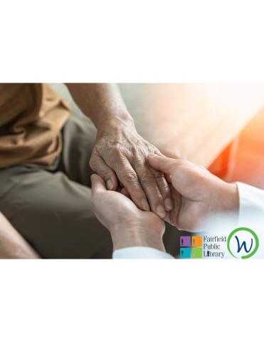 Palliative care holding patient's hand. With library and Waverly logo