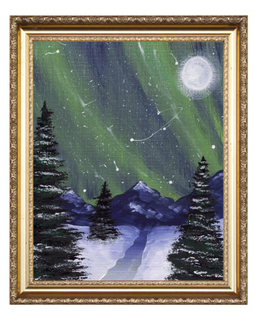 Framed painting of northern lights and a snowy river surrounded by trees.