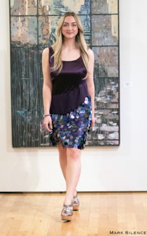 Model wearing Jennifer Butler skirt and top