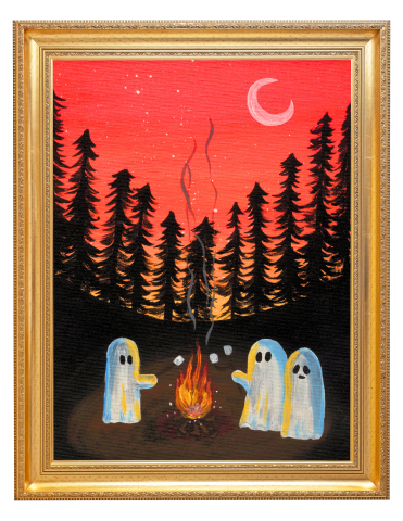 Painting of ghosts roasting marshmallows in the forest. 