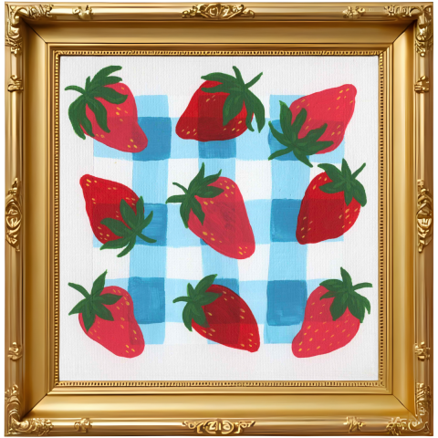 Framed painting of 9 strawberries on a blue gingham background.