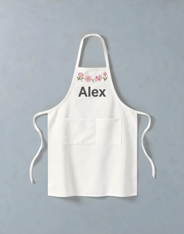 White apron with pink flowers and Alex written on it