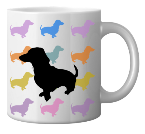 white mug with colorful dachshund silhouettes