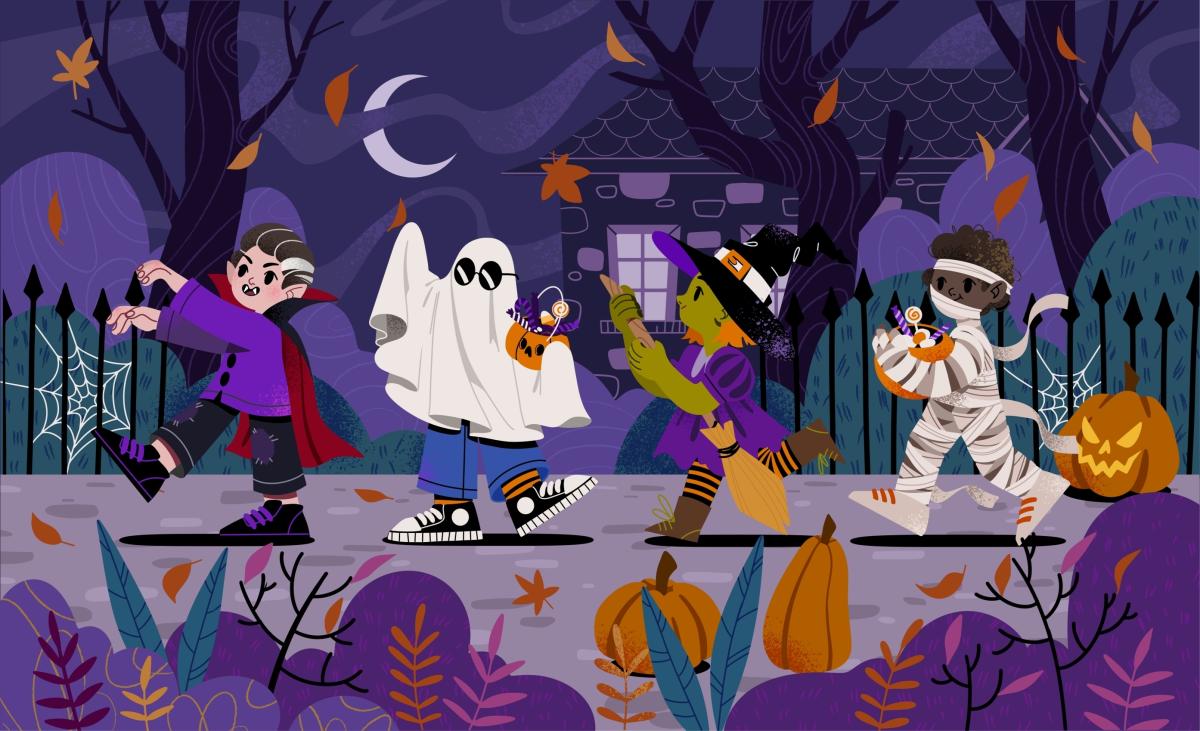 Illustration of teens in costume on Halloween.