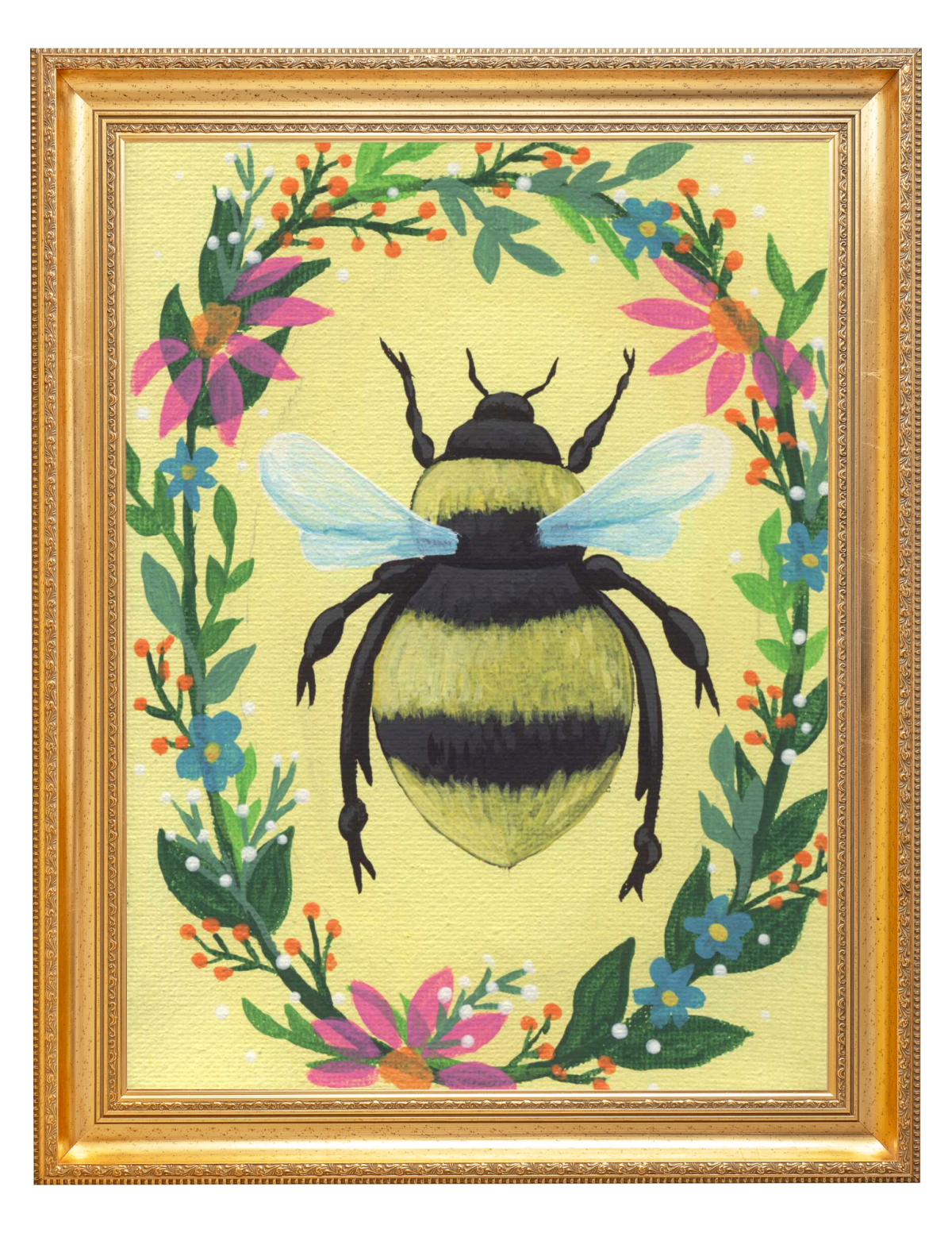 Framed painting of a bee on a yellow background with a flower wreath border.