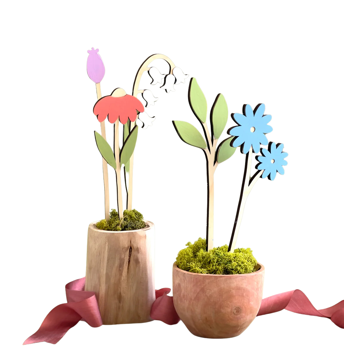 Wooden flowers in pots