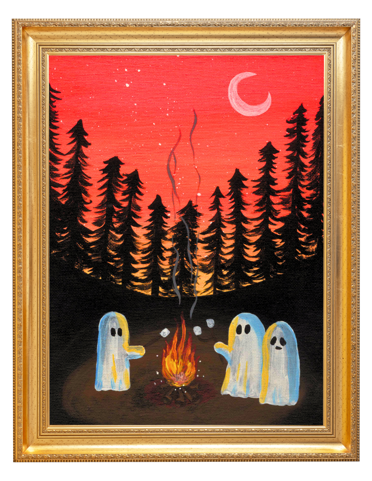 Painting of ghosts roasting marshmallows in the forest. 